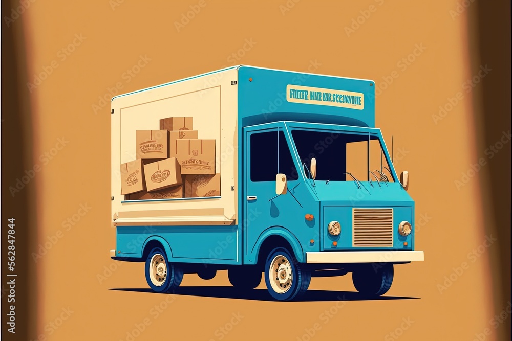 Blue delivery truck with cardboard boxes, yellow background. Generative AI