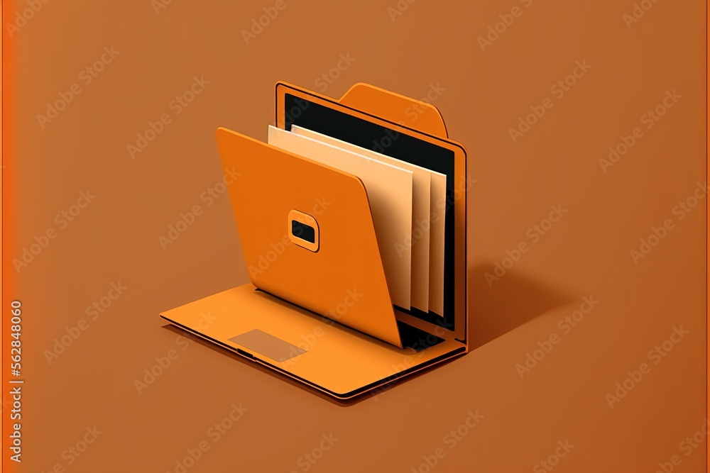 File folder on laptop screen, orange background. AI digital illustration File folder on laptop screen, orange background. AI digital illustration