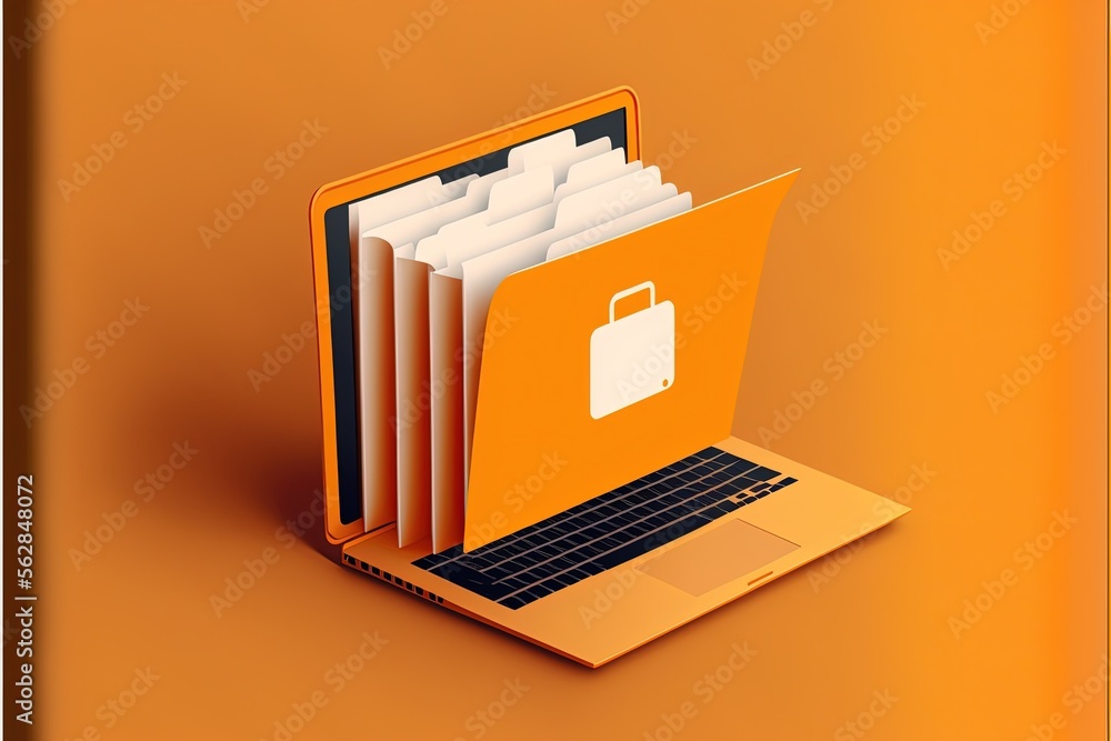 File folder on laptop screen, orange background. AI digital illustration File folder on laptop screen, orange background. AI digital illustration