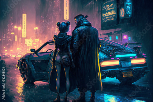 The Dark Warrior and the Gothic Lady Couple: A Cyberpunk Love Story in the Futuristic City of 2077, Where Fashion Meets Fantasy and Technology Rules All, Generative AI