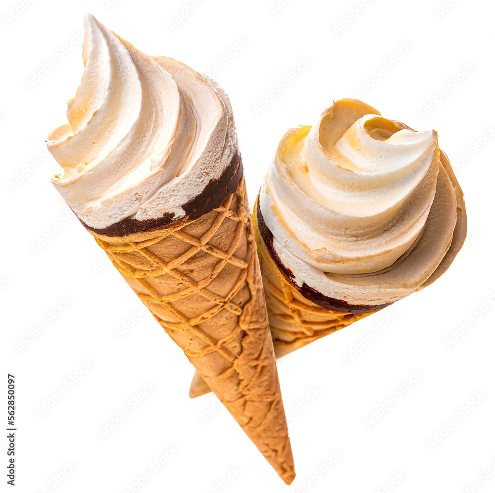 PNG. Two waffle cups with ice cream. Isolate on white background