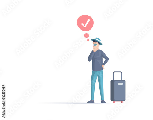 Making confusion. Doubts person with suitcase with question mark. Interrogative dilemma situations. Asking confused people. Making choice. Being confused. Thinking or make decision. Solving problem