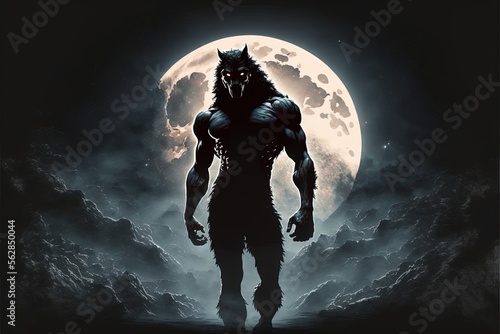 Fotografie, Obraz Wolf man, werewolf with jacket and hood, moon in the background