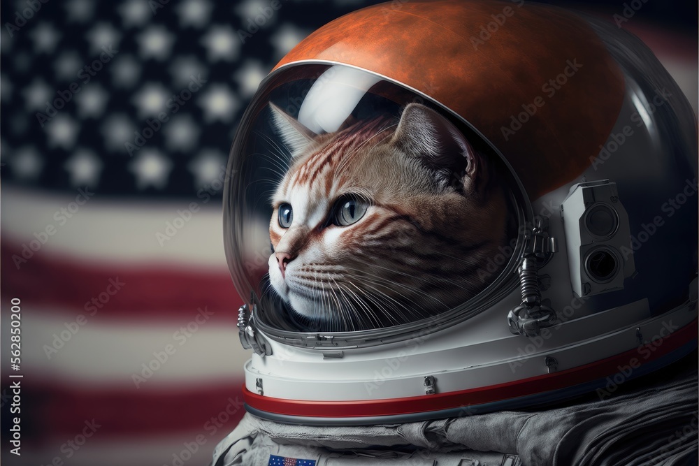 Generative AI hyperrealistic photography, portrait of cat in astronaut suit and helmet with american flag