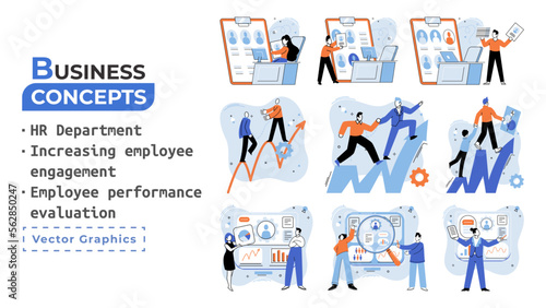 HR department work scenes set, qualified employee responsible for formation of human resources in organization. Specialist engaged in selection, adaptation, dismissal, development of personnel