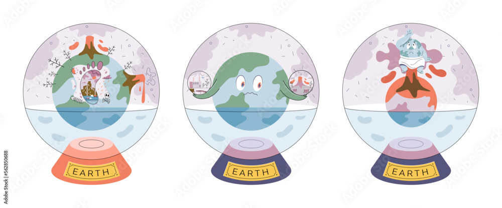 Global warming concept, world ocean level rise due to melting glaciers, planet drowning in excess water. Floating globe in glass sphere. Environment pollution. Change climate, ecological catastrophy