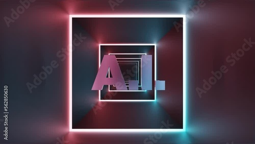 A.I. Artifficial intelligence letters on neon tunnel glowing lights futuristic concept 3D render photo