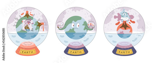 Global warming concept, world ocean level rise due to melting glaciers, planet drowning in excess water. Floating globe in glass sphere. Environment pollution. Change climate, ecological catastrophy