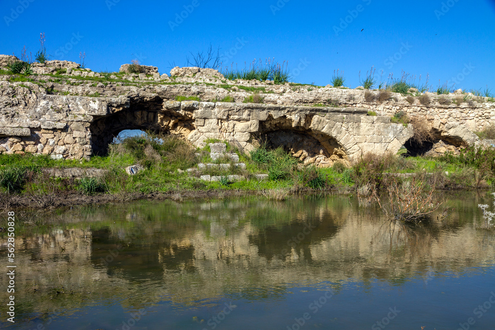 An ancient roman brick stone aqueduct structure in Ceasarea