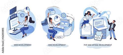Website architecture concepts metaphor. Web development, PHP and MySQL, CMS, interface design, software testing. Creation digital Software mobile, desktop platforms. Digital content management system