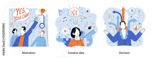 Motivation, creative idea and decision vector set. Business growth concept. Goals and collaboration, achievement and coaching, enterprise cooperation, business meeting, smart planning, great teamwork