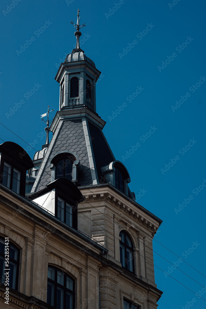 View of roof and facades of danish classical danish architecture in Copenhagen, Denmark