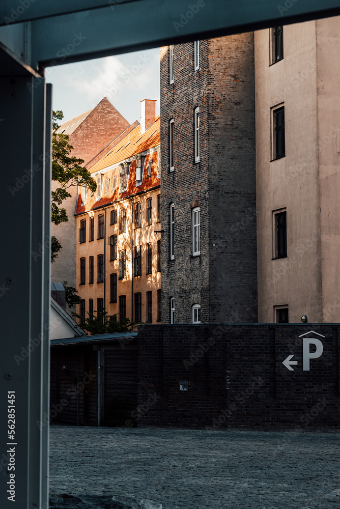 Front view of classic Danish architecture in Copenhagen, Denmark