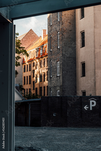 Photography Front view of classic Danish architecture in Copenhagen, Denmark