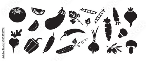 Vegetable vector icon, black silhouette set isolated on white background. Fresh and healthy food illustration