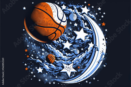 Orange and Blue Basketball and Net in Space, Clouds and Stars, Final Four Colors, March Madness Generative AI © Kelly Cree