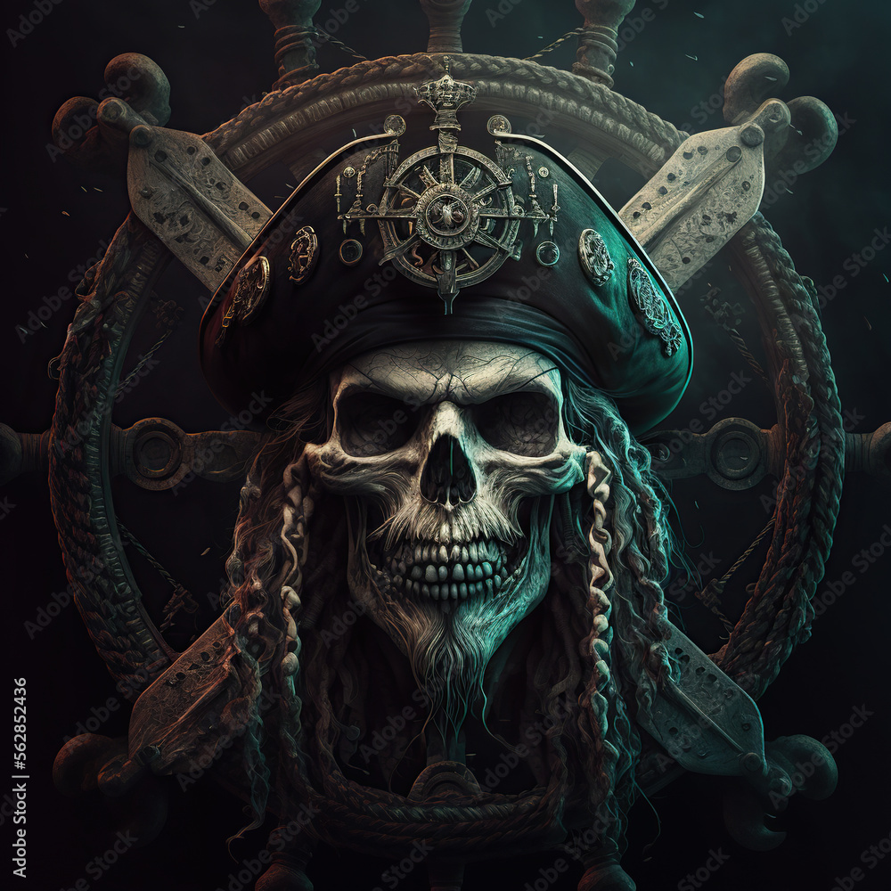Naklejka premium skull of a scary pirate with black hat well detailed