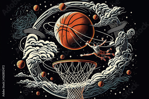 Orange and Black Basketball and Net in Space, Clouds and Stars  Generative AI © Kelly Cree