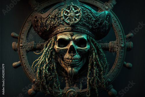Valokuva skull of a scary pirate with black hat well detailed