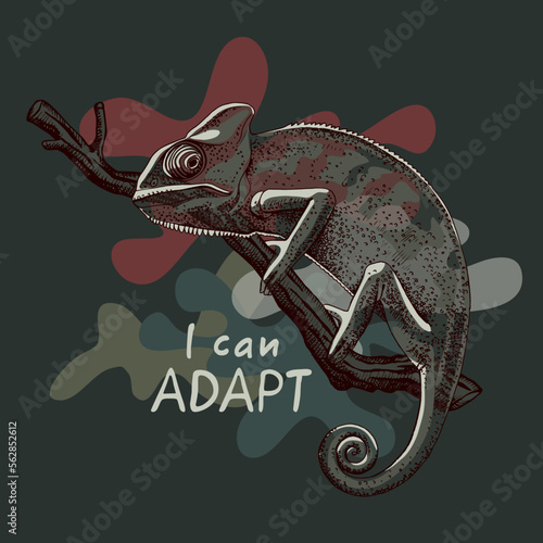 Chameleon on the branch on a camouflage background. Card, t-shirt composition, meme, hand drawn style print. Vector illustration.