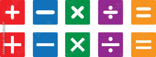 Basic mathematical symbol. Plus and minus icon set. Math symbol. Multiply icon. Equals symbol, division symbol, Calculator button, business finance concept in vector.