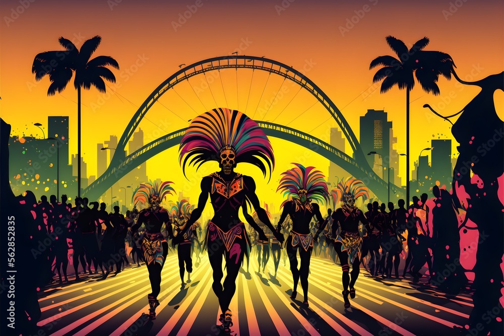 Illustration of Brazilian carnival, samba, parade, samba avenue. Generative AI.