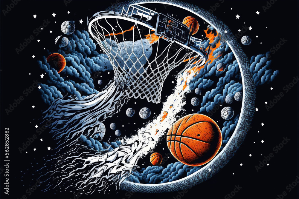 Orange and Blue Basketball and Net in Space, Clouds and Stars, Final Four Colors, March Madness Generative AI Orange and Blue Basketball and Net in Space, Clouds and Stars, Final Four Colors, March Madness Generative AI
