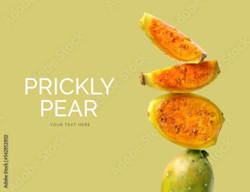 Creative layout made of prickly pear on the green background. Flat lay. Food concept. Macro concept. 