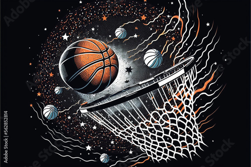 Orange and Blue Basketball and Net in Space, Clouds and Stars, Final Four Colors, March Madness  Generative AI © Kelly Cree