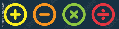 Basic mathematical symbol. Plus and minus icon set. Math symbol. Multiply icon. division symbol, Calculator button, business finance concept in vector.