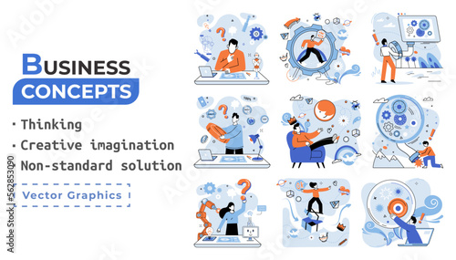 Creative thinking. People with different mental mindset types or model creative. Imaginative logical and structural thinking. MBTI person metaphor. Non standart solution. Brain think people solve idea