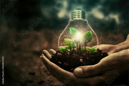 hand holding a plant inside a light bulb, green energy concept