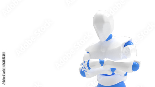 Detailed appearance of the white-blue AI robot under white background. Concept 3D CG of automatic operation  optimization and block chain. PNG file format. 