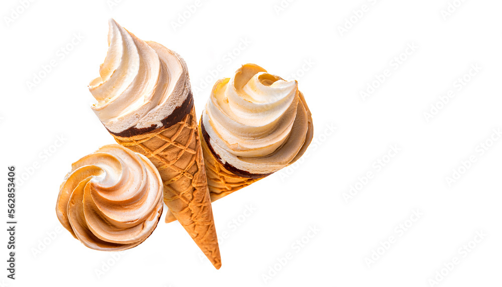 Three waffle cups with ice cream. Isolate on white background Three waffle cups with ice cream. Isolate on white background