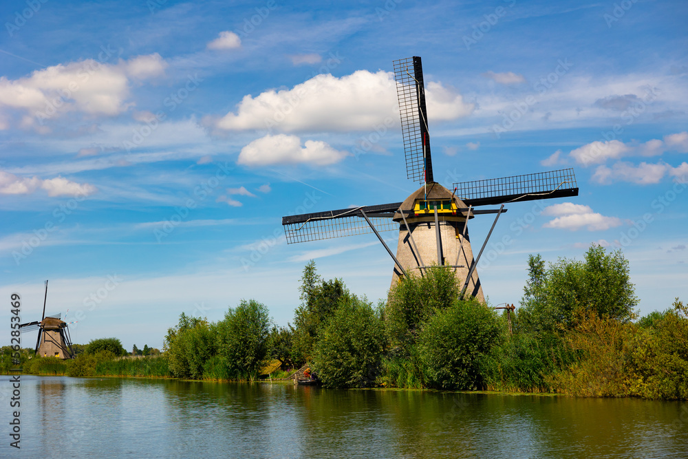 Tranquil view of windmills at Kinderdijk, located in Alblasserwaard polder, South Holland, Netherlands. UNESCO World Heritage Site.