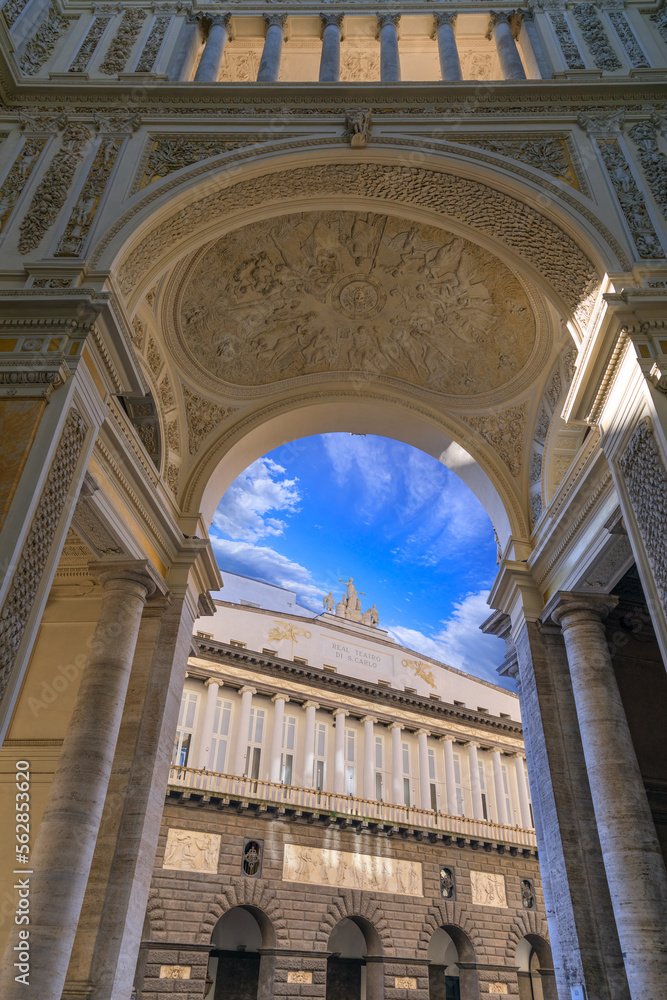 View of exterior of The Real Teatro di San Carlo from the Main Entrance to the Galleria Umberto I in Naples, Southern Italy.