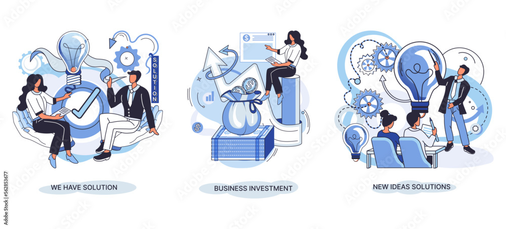 Fototapeta premium We have solution metaphor, business investment, new ideas solution scenes set. Teamwork and brainstorming. Team and new startup. Leadership and financial activities. Concept joint search for new ideas