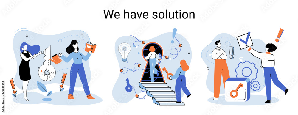 Fototapeta premium Reaching solution as result of work of business team. Startup employees. Goal thinking. Cooperation construction by agency create team. Creative successful management metaphor, decision and teamwork
