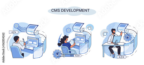 Digital content management system, CMS development software metaphor. Information system or computer program enable organize collaborative process of creating, editing and managing soft in network
