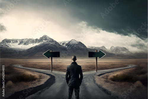 Created with Generative AI technology. man in front of two roads thinking deciding hoping for best taking chance photo