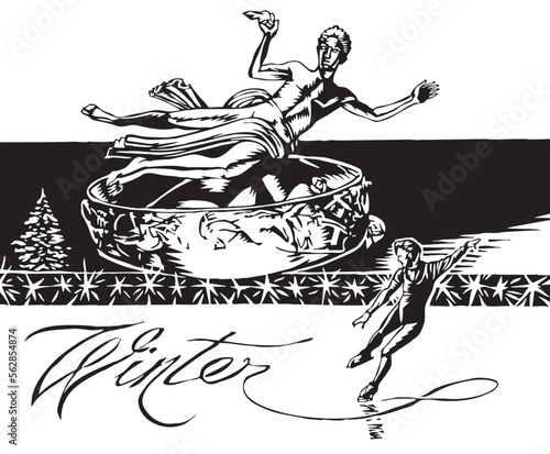 ice skater spelling "Winter" at Rockefeller Center rink with statue of Prometheus
