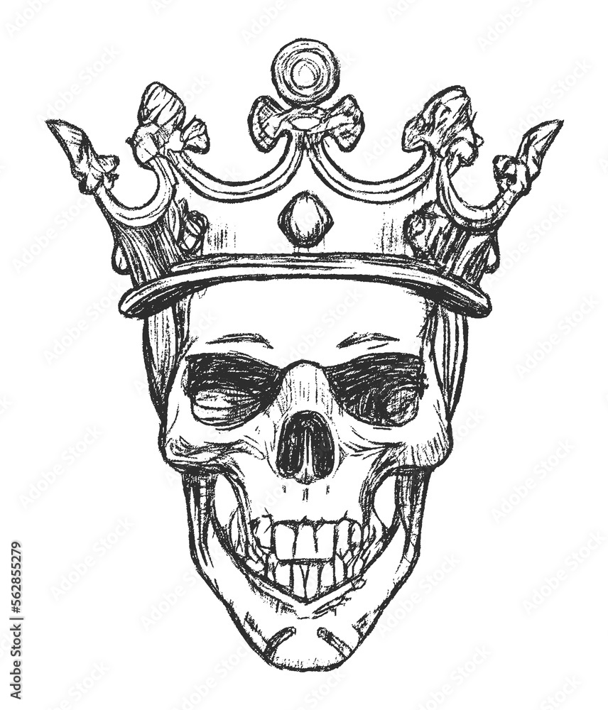 Fototapeta premium Hand drawn king skull wearing crown. Vector illustration black silhouette