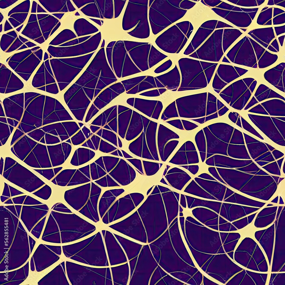 Neuronal network, seamless pattern in purple and yellow. AI generative illustration, pattern generated by AI. Neuronal network, seamless pattern in purple and yellow. AI generative illustration, pattern generated by AI.