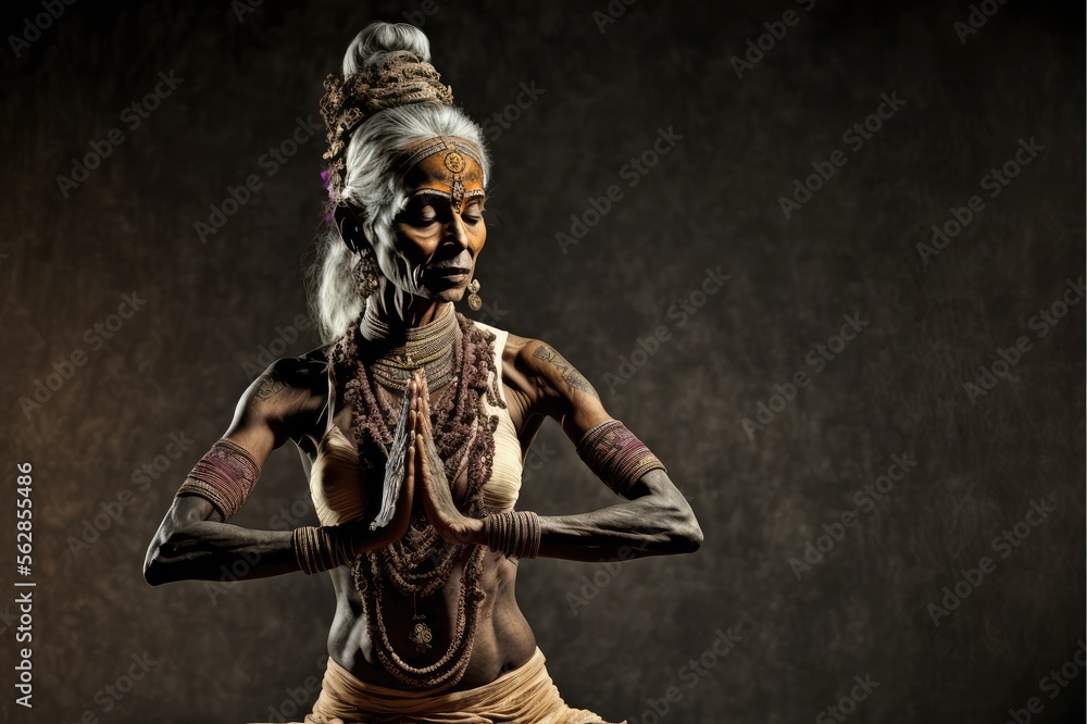 Old Indian woman practicing yoga. Image generated with generative AI