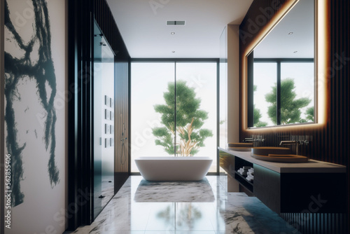 Modern bathroom interior design, Luxury yet minimalist clean, bright and hygienic spacious bathroom with shower, toilets, mirrors, bathtub and natural green plant in a hotel, apartment, or house. © ThePixelCraft