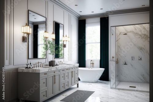 Modern bathroom interior design, Luxury yet minimalist clean, bright and hygienic spacious bathroom with shower, toilets, mirrors, bathtub and natural green plant in a hotel, apartment, or house.