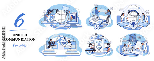 Unified communication metaphor. Characters use wireless telephony connection. Telecommunication system via cloud or network. Social media creative idea. Online social network. Business interaction app