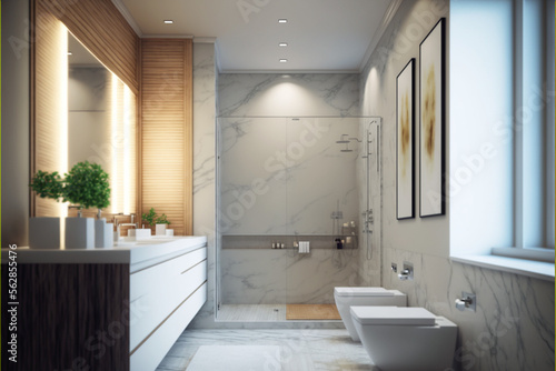 Modern bathroom interior design, Luxury yet minimalist clean, bright and hygienic spacious bathroom with shower, toilets, mirrors, bathtub and natural green plant in a hotel, apartment, or house.