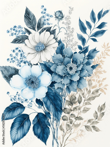 boho minimalist watercolor floral elegance french blue background, AI assisted finalized in Photoshop by me 