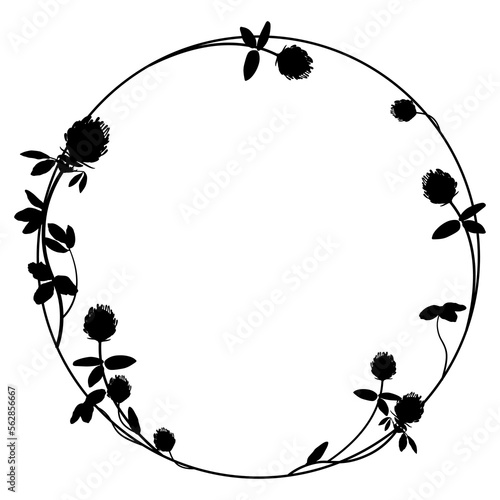 Capital letter O with floral motifs. Decorative font with blooming branches of red clover flower. Numeral zero. Round botanical frame. Circular wreath or border. Black silhouette on white background.